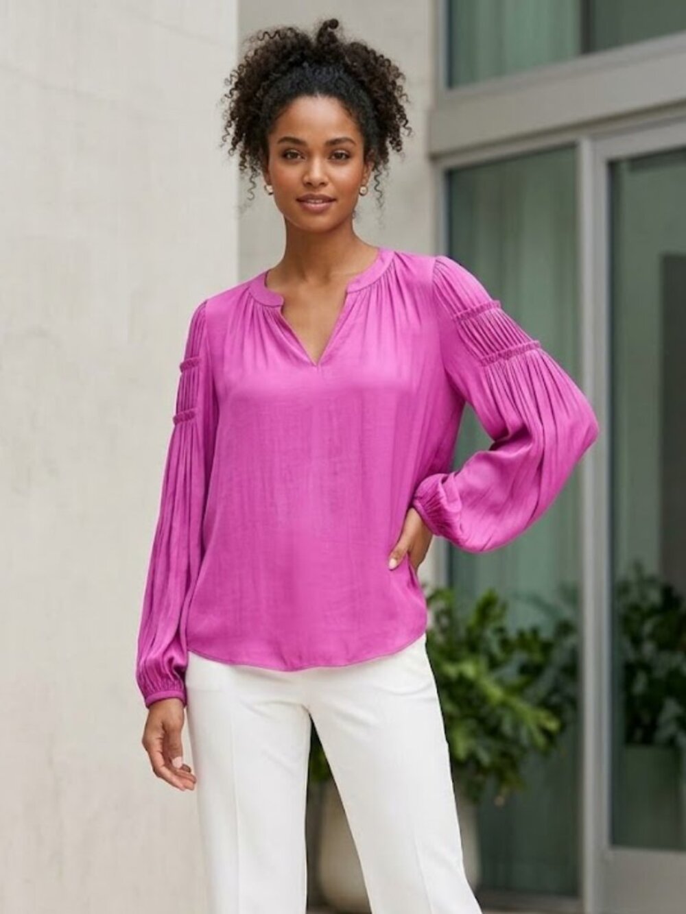 Current Air Split Neck Satin Blouse Top Purple Women's Size M Career Evening